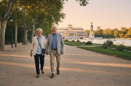 Pareja de jubilados felices en Madrid disfrutando de su jubilación sin deudas gracias a la Ley de Segunda Oportunidad pensionistas Madrid 2026