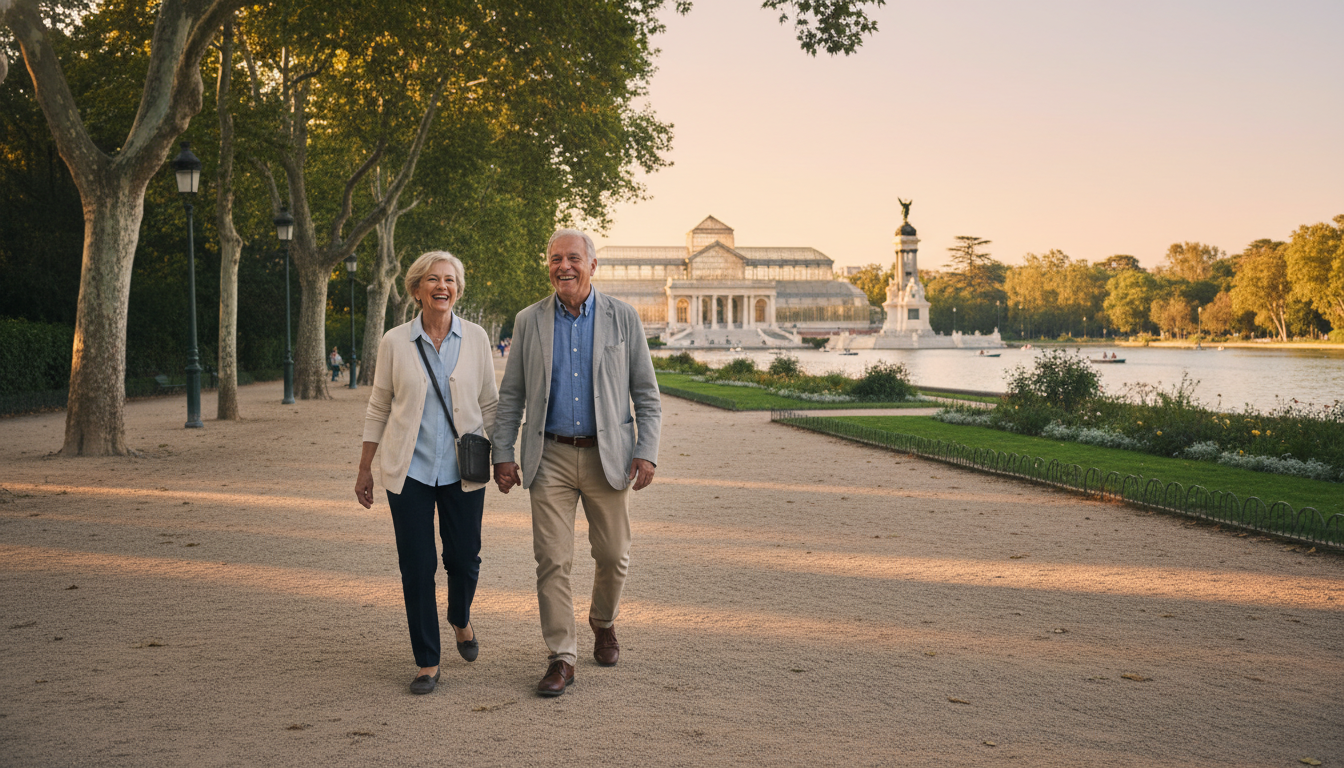 Pareja de jubilados felices en Madrid disfrutando de su jubilación sin deudas gracias a la Ley de Segunda Oportunidad pensionistas Madrid 2026
