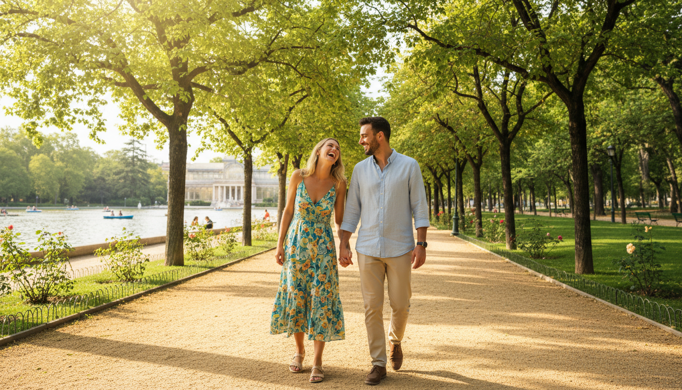Familia feliz disfrutando de una vida sin deudas en el Parque del Retiro de Madrid
